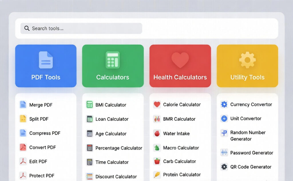 online tools dashboard with pdf tools calculators and utility tools