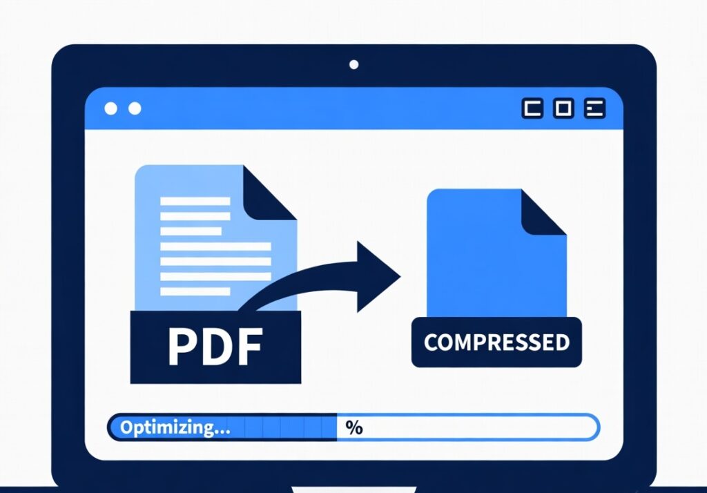 Compress PDF online tool reducing large PDF file size on laptop screen