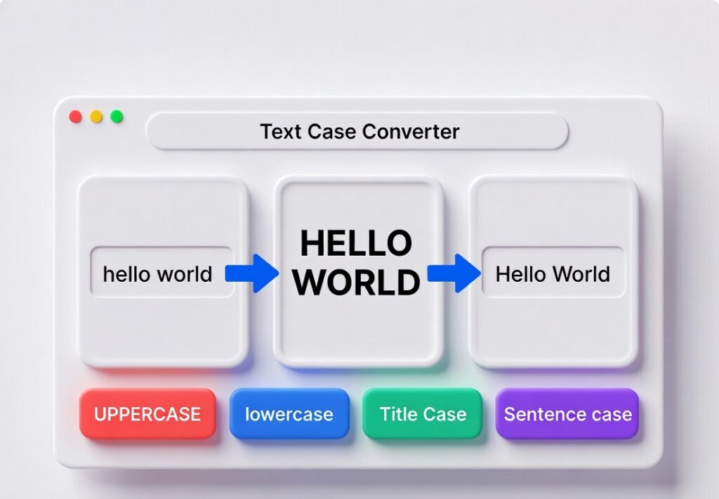 Illustration of an online text case converter changing lowercase text into uppercase, title case, and sentence case.