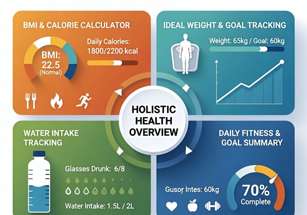 Infographic showing BMI, calorie needs, ideal weight, and daily water intake for holistic health tracking.