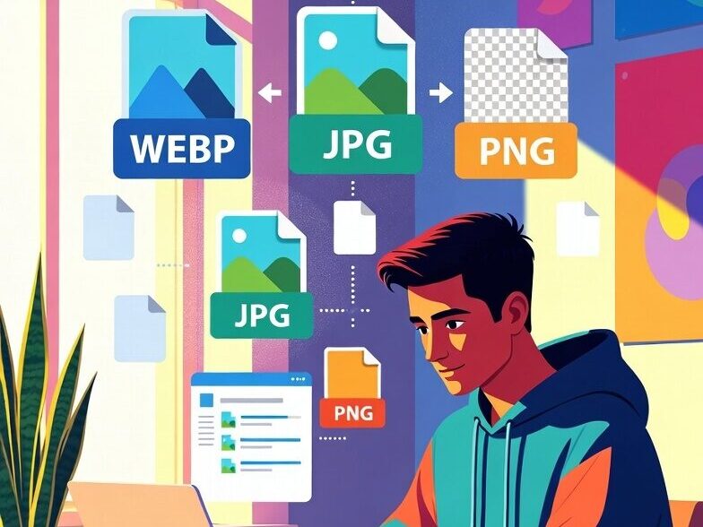 Designer converting WEBP images to JPG and PNG using an online image converter tool