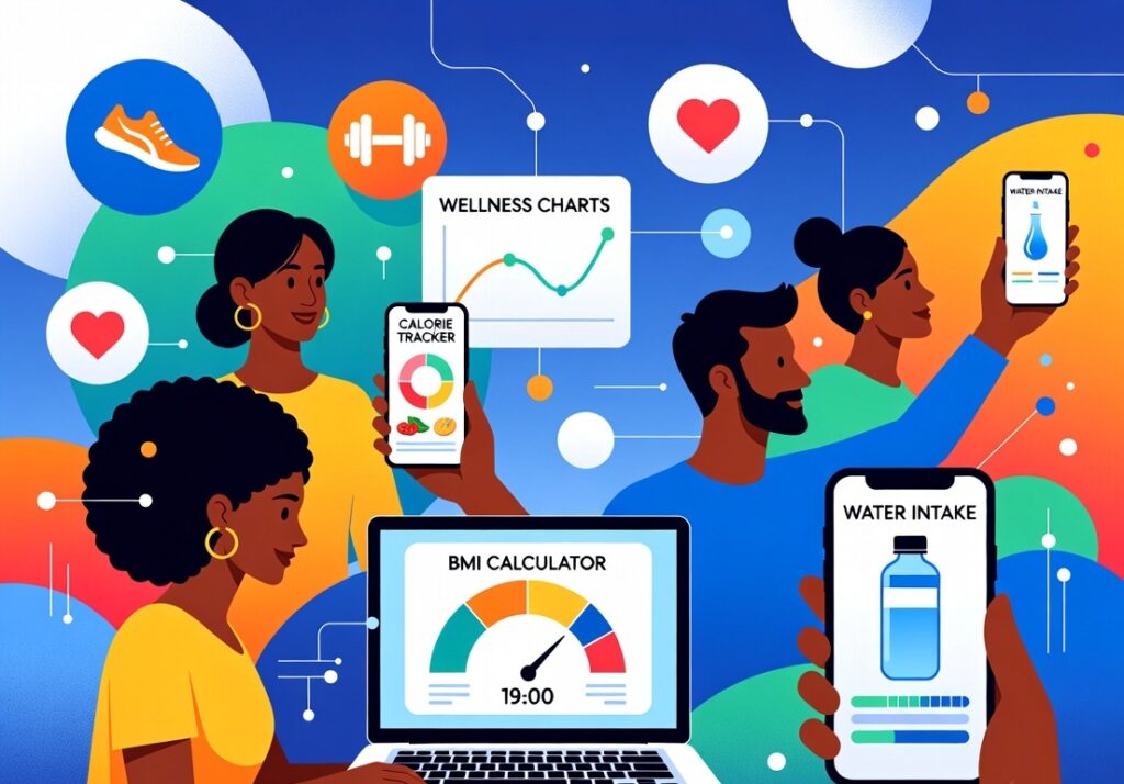 People using online health tools on laptops and smartphones for BMI, calorie, and water intake tracking.
