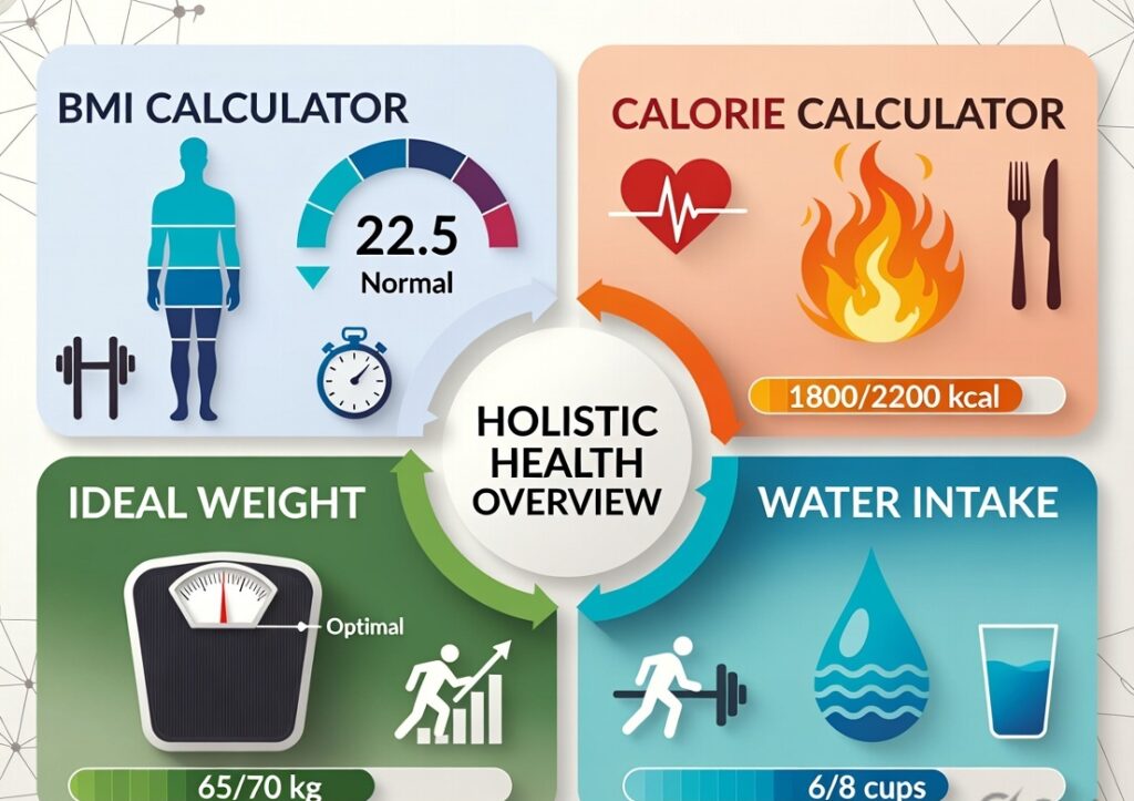 Infographic showing BMI, calorie needs, ideal weight, and daily water intake for holistic health tracking.