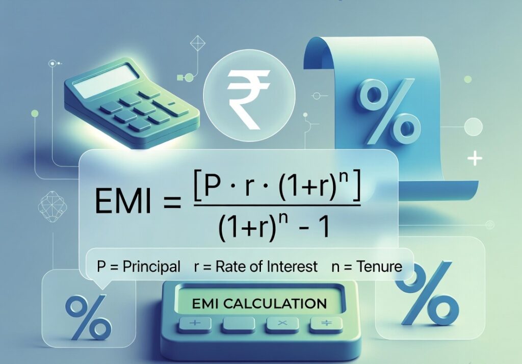 Loan EMI formula with calculator and rupee symbol illustration