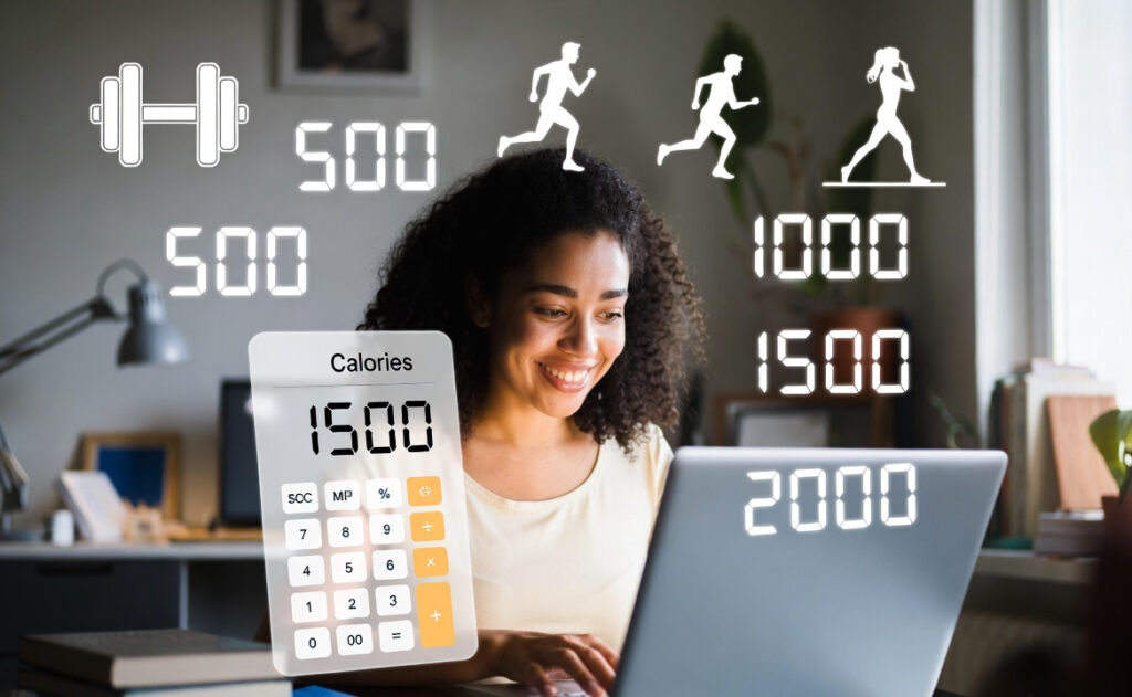 Person at home using a laptop to calculate BMR, smiling, with floating digital calorie numbers and home workout icons in the background.
