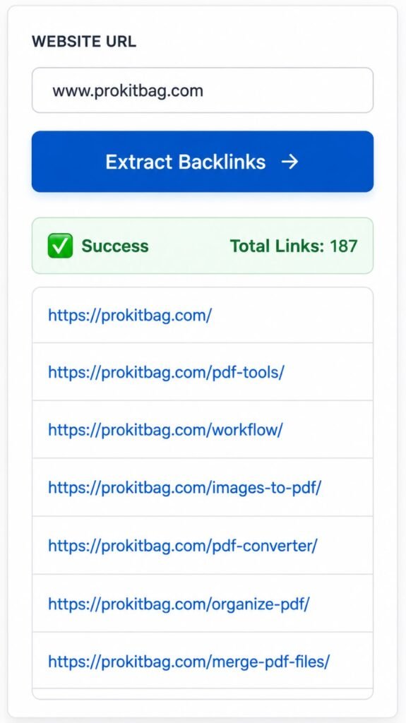Best Backlink Extractor Tool – Analyze Competitors & Boost SEO With 6 Most Powerful Steps Backlink Extractor Tool interface showing website URL input field and Extract Backlinks button.