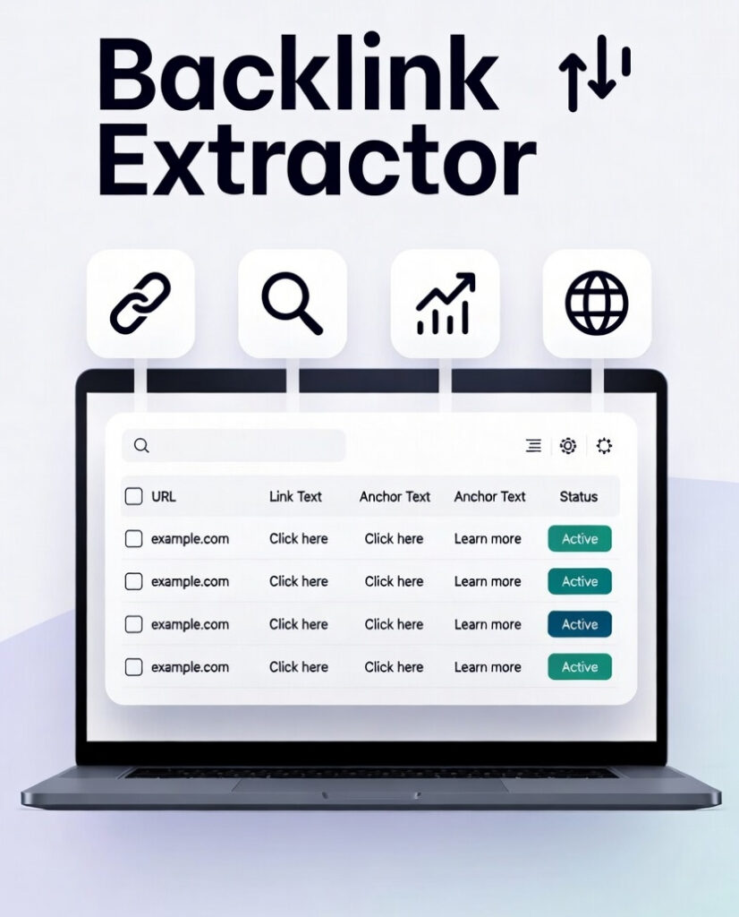 Backlink extractor tool interface showing extracted hidden backlinks on a laptop.