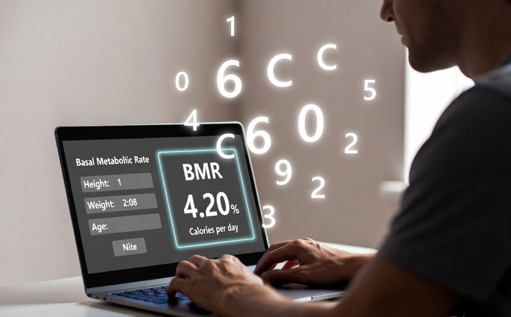 Person using a laptop to calculate BMR, digital calories floating above, modern and realistic illustration.