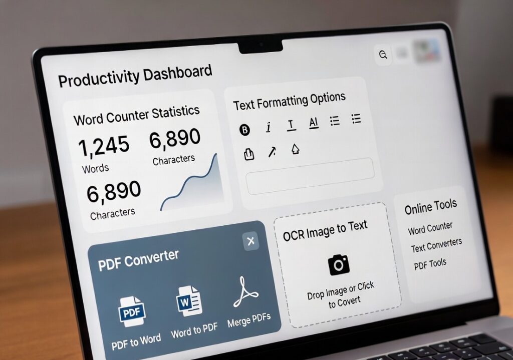 Utility tools dashboard with word counter and text tools