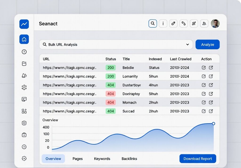 bulk urls analyzer dashboard showing multiple url status results and seo data