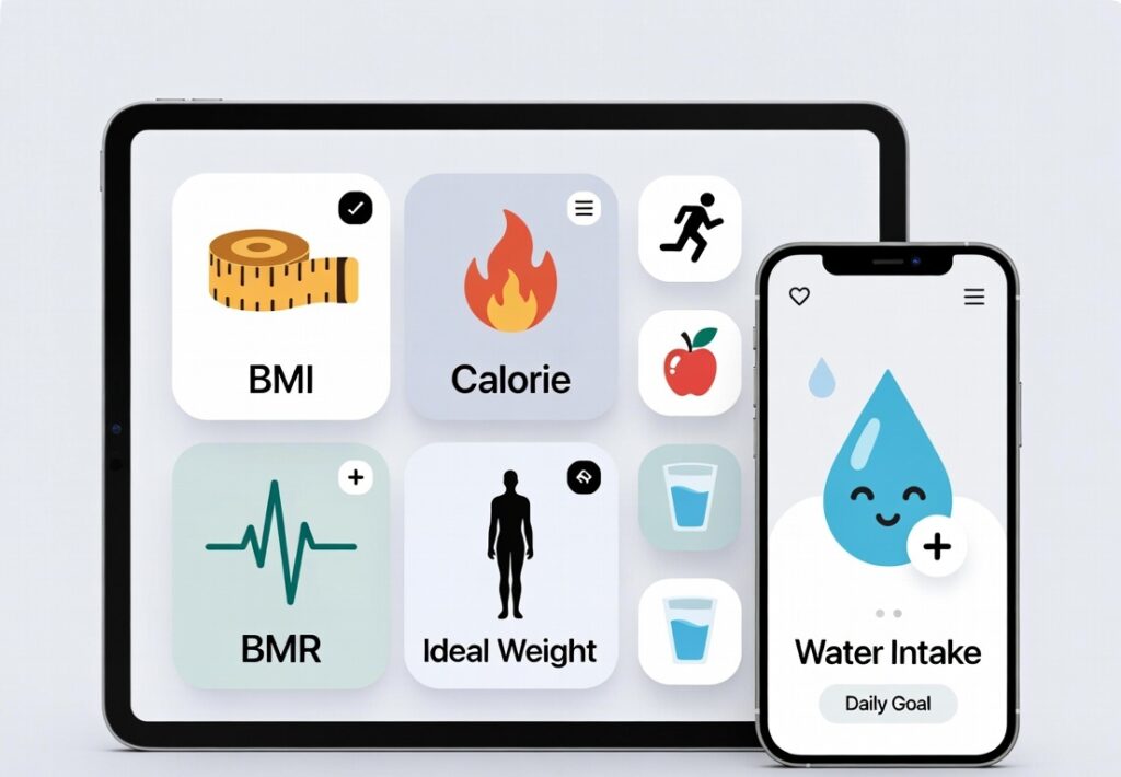 Digital health calculators including BMI, Calorie, BMR, Ideal Weight, and Water Intake on tablet and mobile.