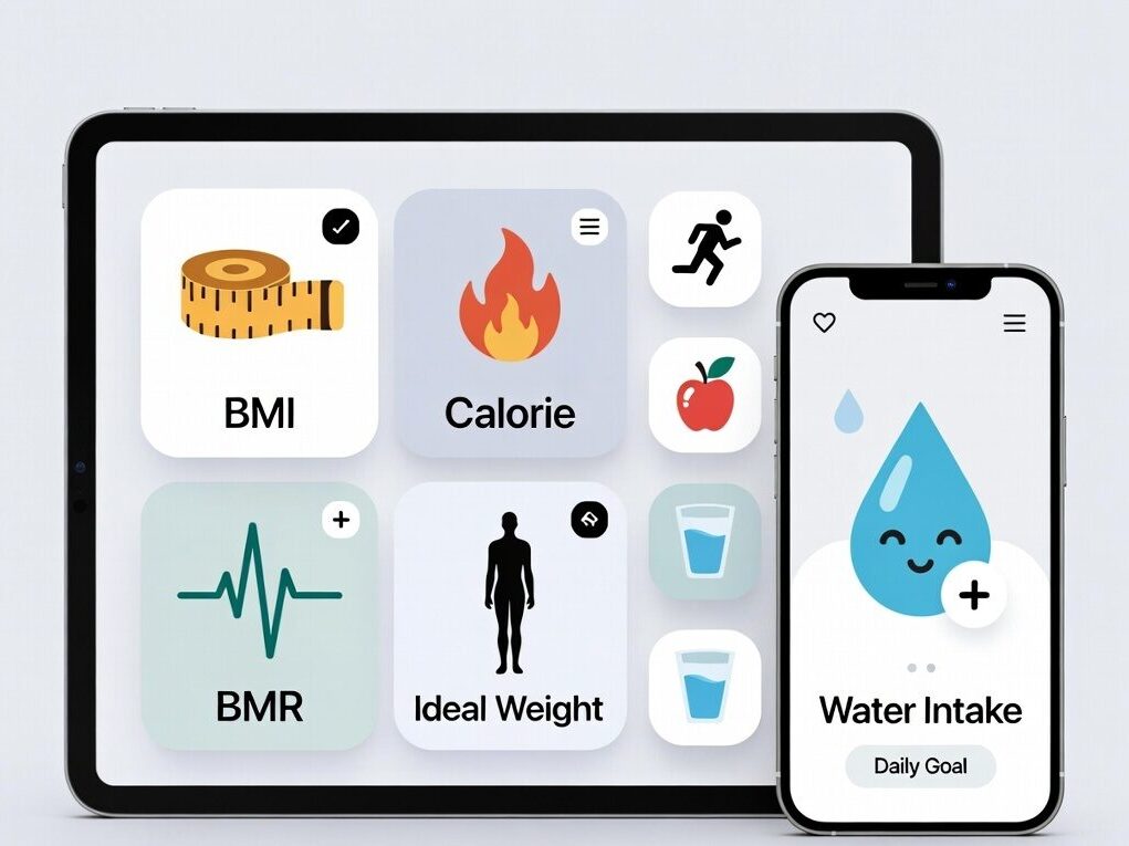 Digital health calculators including BMI, Calorie, BMR, Ideal Weight, and Water Intake on tablet and mobile.