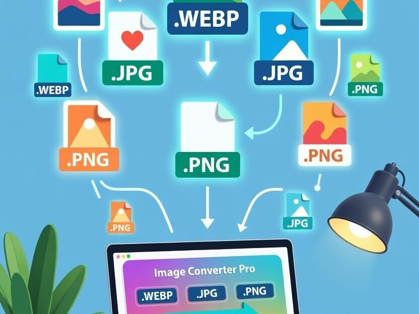 Illustration showing WEBP image being converted to JPG and PNG formats online