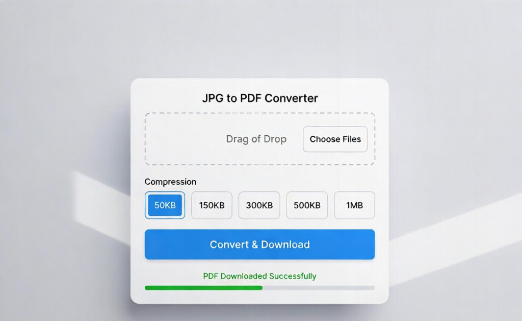 JPG to PDF converter tool interface showing compression size options, image preview, and convert download button