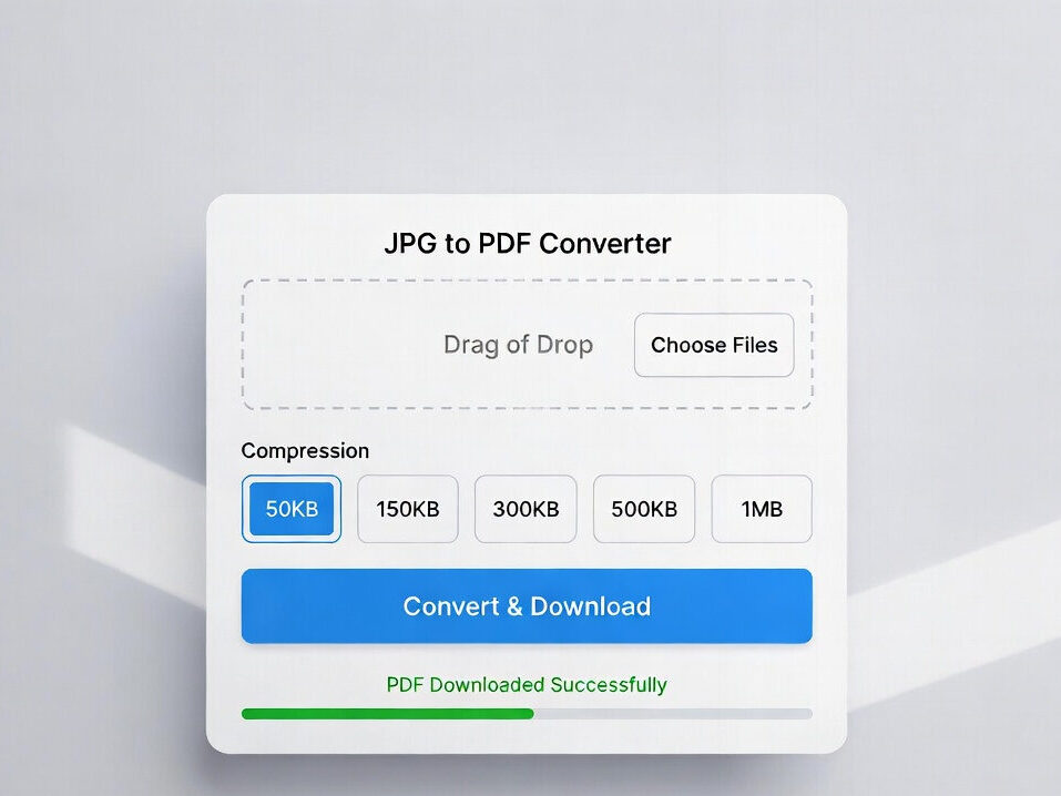 JPG to PDF converter tool interface showing compression size options, image preview, and convert download button