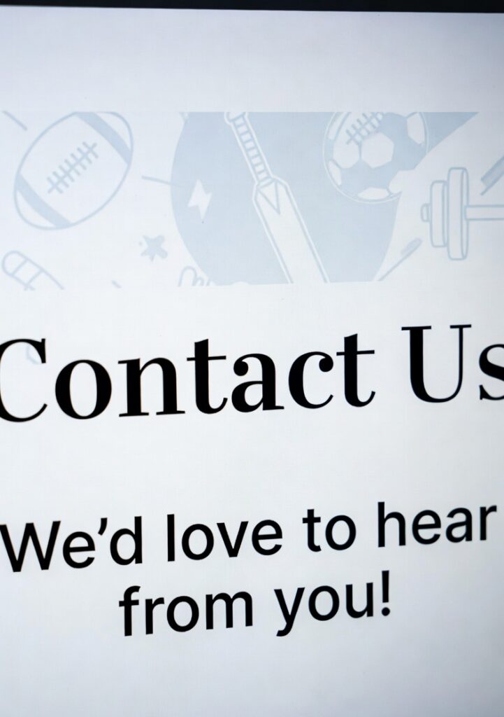 Professional Contact Us header for ProKitBag sports equipment website. Clean minimalist design with large bold "Contact Us" text and friendly tagline "We’d love to hear from you!" on a white background with subtle blue sports icons including football, cricket bat, and dumbbell.