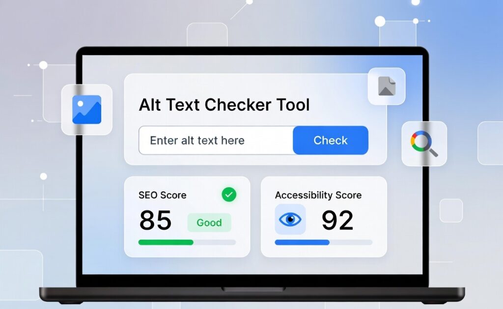 SEO dashboard showing alt text checker tool analyzing image optimization and accessibility score