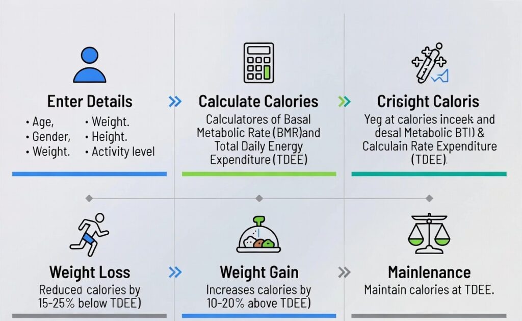 Infographic showing how calories calculator works using BMR and TDEE for weight loss and weight gain