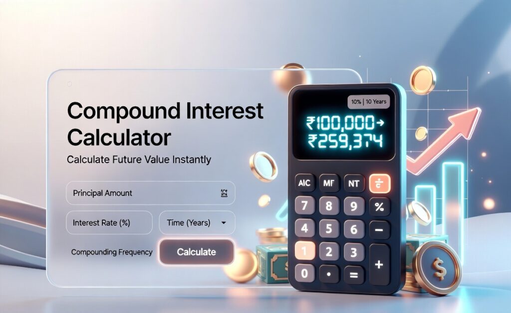 Premium compound interest calculator banner showing investment growth from ₹100,000 to ₹259,374 with 3D finance elements, charts, and modern SaaS UI.