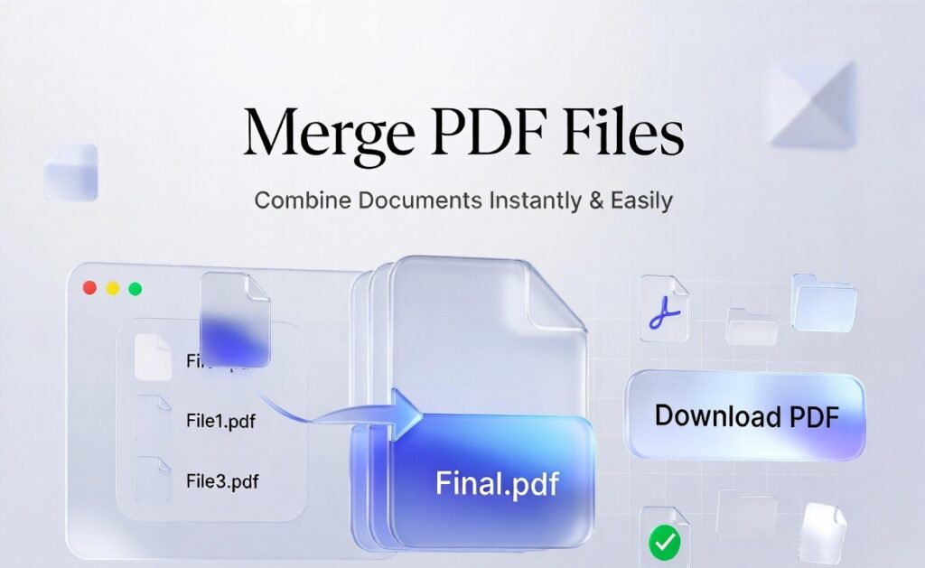 Merge PDF Files banner showing multiple PDF documents combining into a single file with drag-and-drop UI and modern glassmorphism interface.