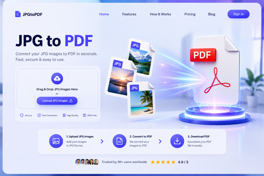 JPG to PDF converter tool interface by ProKitBag, showing how to convert images into a high-quality PDF document online.