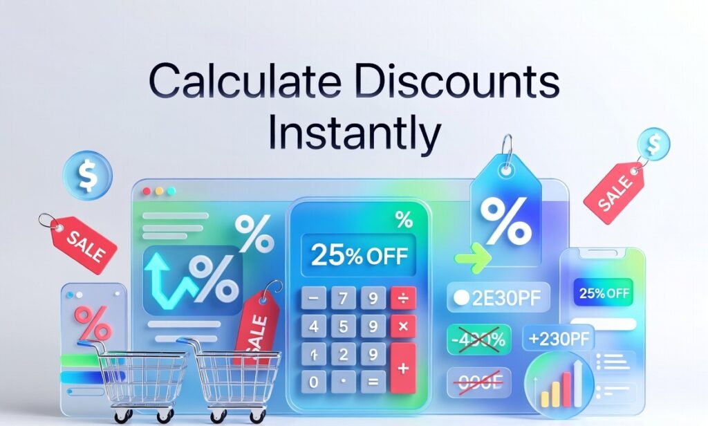 Modern discount calculator online interface showing percentage discount calculations, shopping icons, and final price savings on mobile and desktop devices.