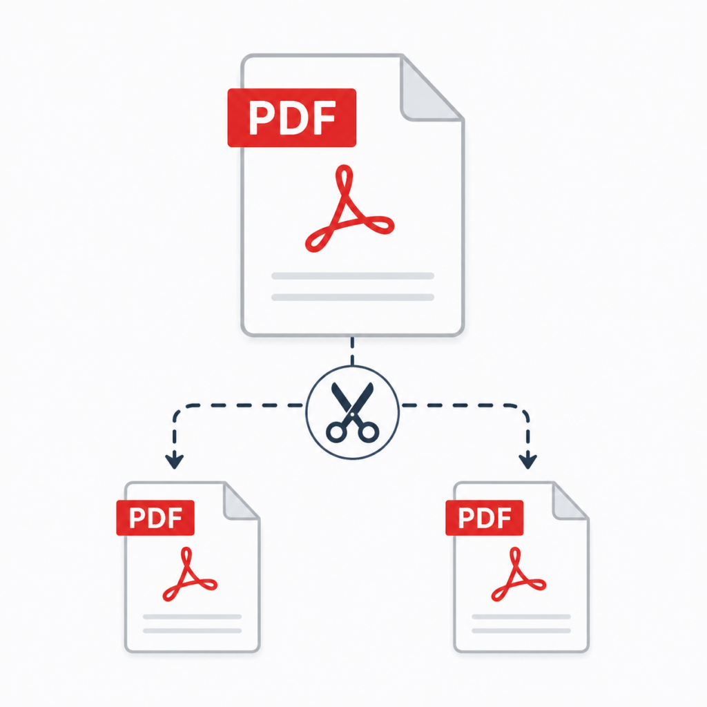 Split PDF icon showing one PDF file divided into two separate PDF documents with scissors symbol.
