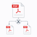 Split PDF icon showing one PDF file divided into two separate PDF documents with scissors symbol.