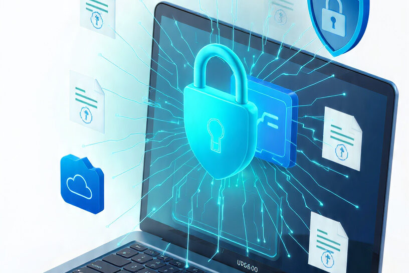 ProKitBag secure PDF processing graphic showing encrypted file transfer with shield and lock icons, highlighting privacy-focused automatic file cleanup
