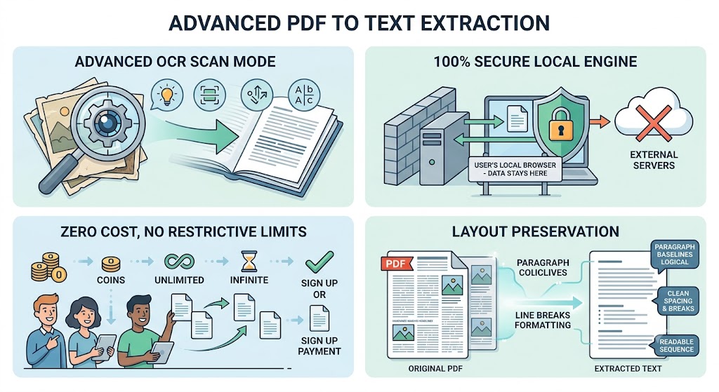 Infographic showing features of ProKitBag PDF to Text Converter: Advanced OCR Scan Mode, 100% Secure Local Engine, Zero Cost, and Layout Preservation.