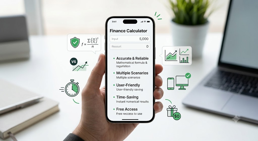 A hand holding a smartphone showcasing key features of a financial calculator app with icons for accuracy, multiple scenarios, and free access.
