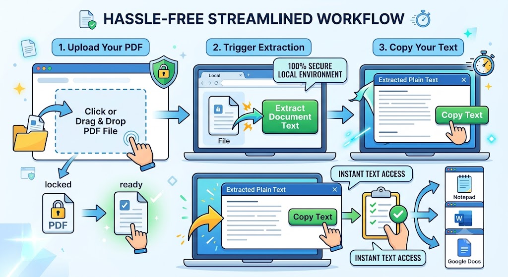 Step-by-step workflow infographic of ProKitBag PDF to Text Converter: 1. Upload Your PDF by drag and drop, 2. Trigger Extraction with secure local engine, and 3. Copy Your Text instantly to clipboard.