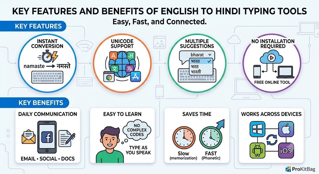 Modern infographic highlighting key features and benefits of English to Hindi transliteration typing tools, showing instant conversion, Unicode support, time savings, and cross-device compatibility.
