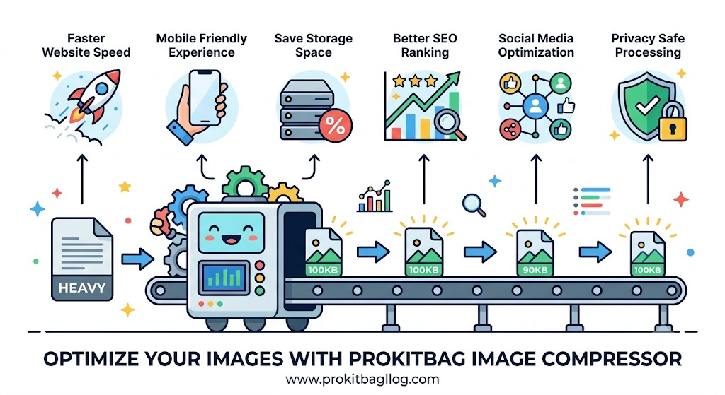 Flat vector infographic showing the image compression process of ProKitBag with a cute compressor robot, a conveyor belt processing files, and 6 key benefits like speed, mobile-friendliness, storage, SEO, social media, and privacy.