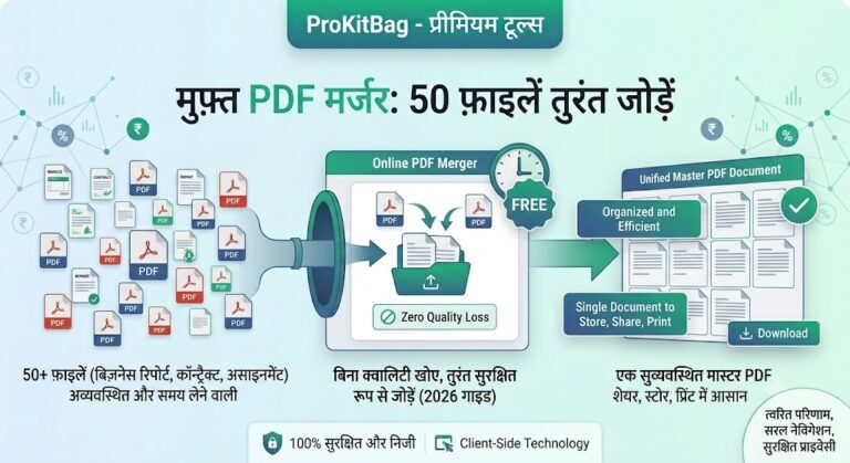 An infographic in Hindi showcasing an online PDF merger tool by ProKitBag. The left side shows a chaotic pile of various PDF documents labeled as business reports, contracts, and assignments, accompanied by text describing them as unorganized and time-consuming. An arrow points from this pile through a funnel into a central user interface labeled "Online PDF Merger" with a "Free" badge and a "Zero Quality Loss" guarantee. A large green arrow then points to the right side, which displays a neatly organized "Unified Master PDF Document" with multiple pages arranged grid-style, a green checkmark, and a download button. The bottom features badges highlighting "100% Secure and Private" and "Client-Side Technology."