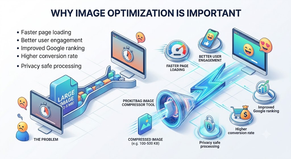 Infographic explaining why image optimization is important for website speed and SEO performance using a comparison flow.