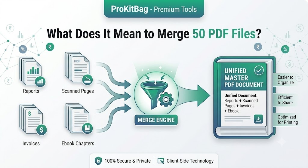 An informative modern infographic by ProKitBag, explaining 'What Does It Mean to Merge 50 PDF Files?' in English. On the left side, four neat stacks of PDF icons are labeled with category icons: 'Reports' (bar chart), 'Scanned Pages' (scanner), 'Invoices' (dollar sign), and 'Ebook Chapters' (book). Arrows flow from these four stacks into a central, glowing funnel-and-gears icon labeled 'MERGE ENGINE'. From the engine, a single, large, thick book-like object labeled 'UNIFIED MASTER PDF DOCUMENT' emerges with a checkmark. It lists the four original document types as its contents. On the right, three call-out boxes list key benefits: 'Easier to Organize', 'Efficient to Share', and 'Optimized for Printing'. The bottom of the visual features the 'ProKitBag' brand logo and two security badges: '100% Secure & Private' and 'Client-Side Technology'. The style is sleek with a white, light grey, and emerald green accent color palette.