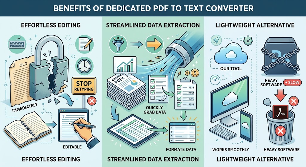 Infographic illustrating the business and academic benefits of using ProKitBag PDF to Text Converter: Effortless Editing, Streamlined Data Extraction, and a Lightweight Alternative to heavy software.