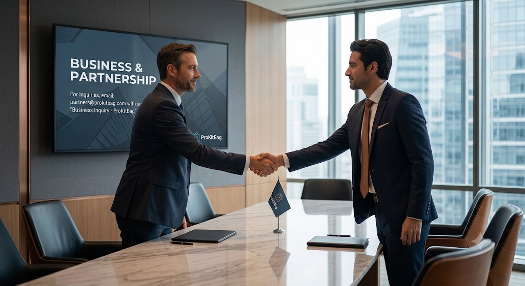 Two business professionals, one in a charcoal suit and one in a navy blue suit, shake hands in a modern, glass-walled conference room. A background screen displays the text 'BUSINESS & PARTNERSHIP' and instructions for 'Business Inquiry – ProKitBag' emails. A miniature flag with the ProKitBag logo sits on the table.