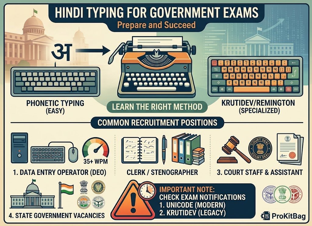 Mobile screen showing an interface of a government exam Hindi typing preparation platform. It displays a visual list of positions like DEO, Clerk, Court Staff, and State Government, with a prompt to check notifications for Unicode versus Krutidev requirements.