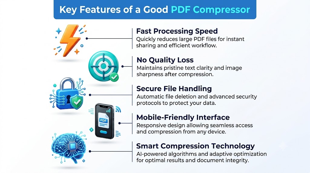 An infographic showing the key features of a good PDF compressor with 3D icons for speed, quality, security, mobile friendliness, and smart tech.