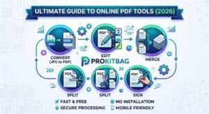 Infographic illustrating the 2026 Ultimate Guide to Online PDF Tools by ProKitBag, showing icons for converting, editing, merging, splitting, and signing PDFs.