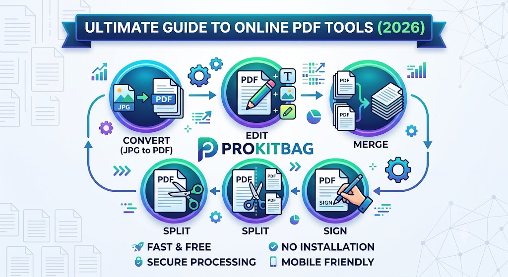 Infographic illustrating the 2026 Ultimate Guide to Online PDF Tools by ProKitBag, showing icons for converting, editing, merging, splitting, and signing PDFs.