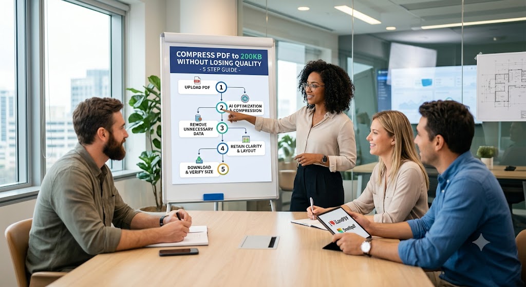 An infographic on a whiteboard showing a 5-step guide to compress PDF files to 200KB without losing quality, being presented to a team in an office.