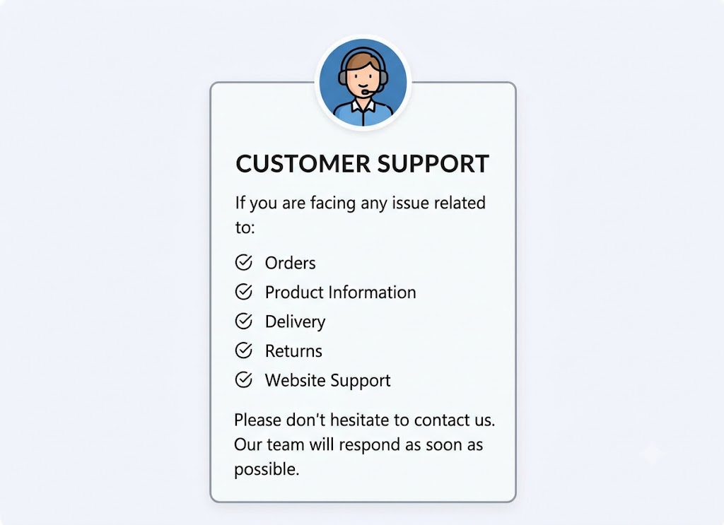 A professional 'Customer Support' text section from the ProKitBag contact page, listing bulleted areas of assistance including Orders, Delivery, Returns, and Website Support, encouraging users to get in touch.