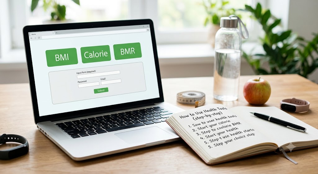 A laptop screen displaying BMI, Calorie, and BMR health calculators next to a notebook with step-by-step instructions on a wooden desk.