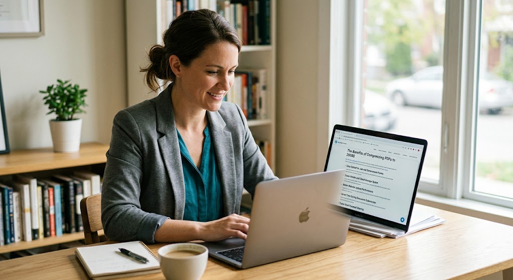 A professional woman sitting at a modern wooden desk in a bright office space, smiling as she successfully uses a laptop to compress a document file down to 200KB.