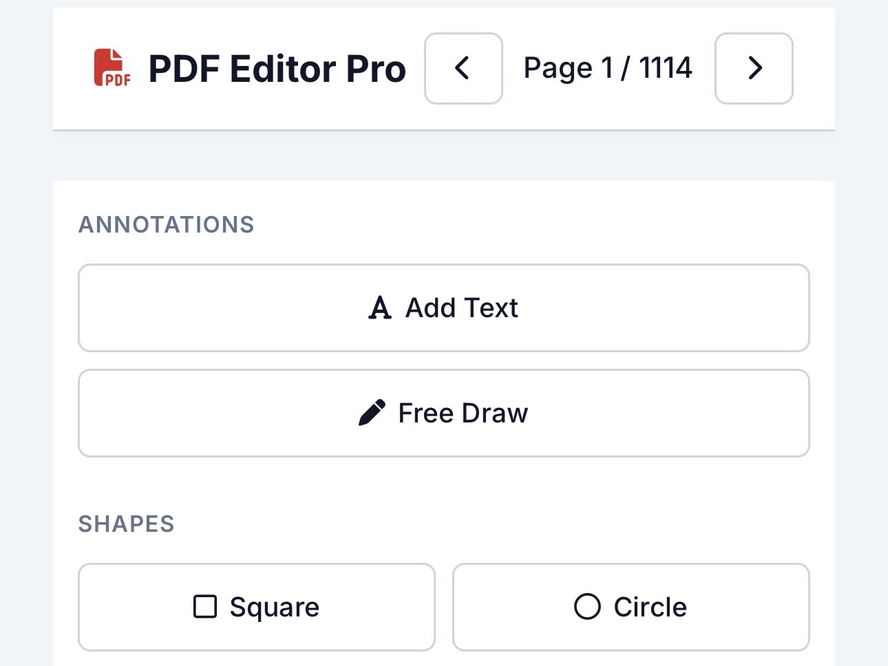 Online PDF annotation tool interface showing options to add text, free draw, draw shapes, and use an object editor.