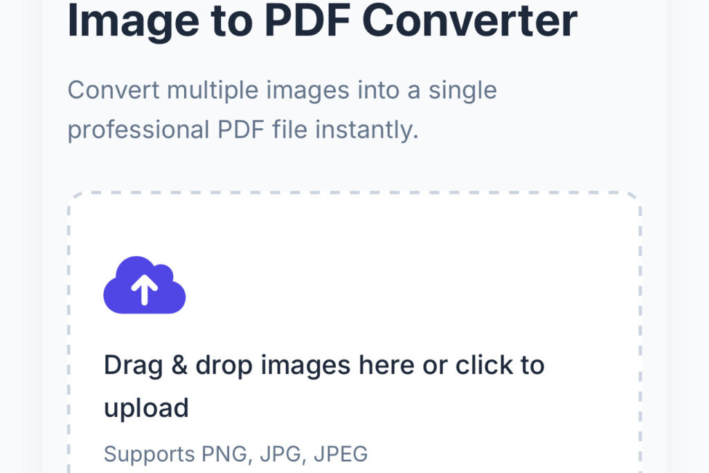Free online image to PDF converter interface by ProKitBag, showing a drag and drop area supporting PNG, JPG, and JPEG files.