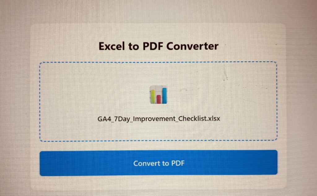 A clean user interface of a web tool for converting Excel files to PDF with a drag-and-drop file upload area and a blue action button.